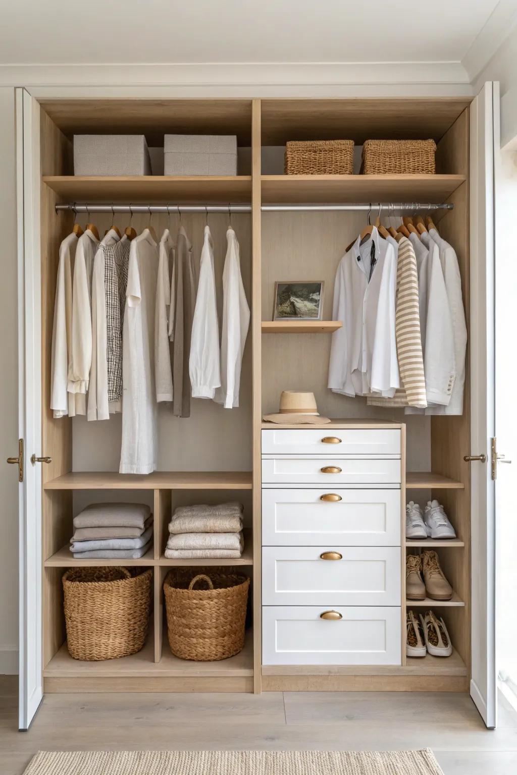 Mirror-matched double closets create a calm, built-in look that feels effortlessly luxe.