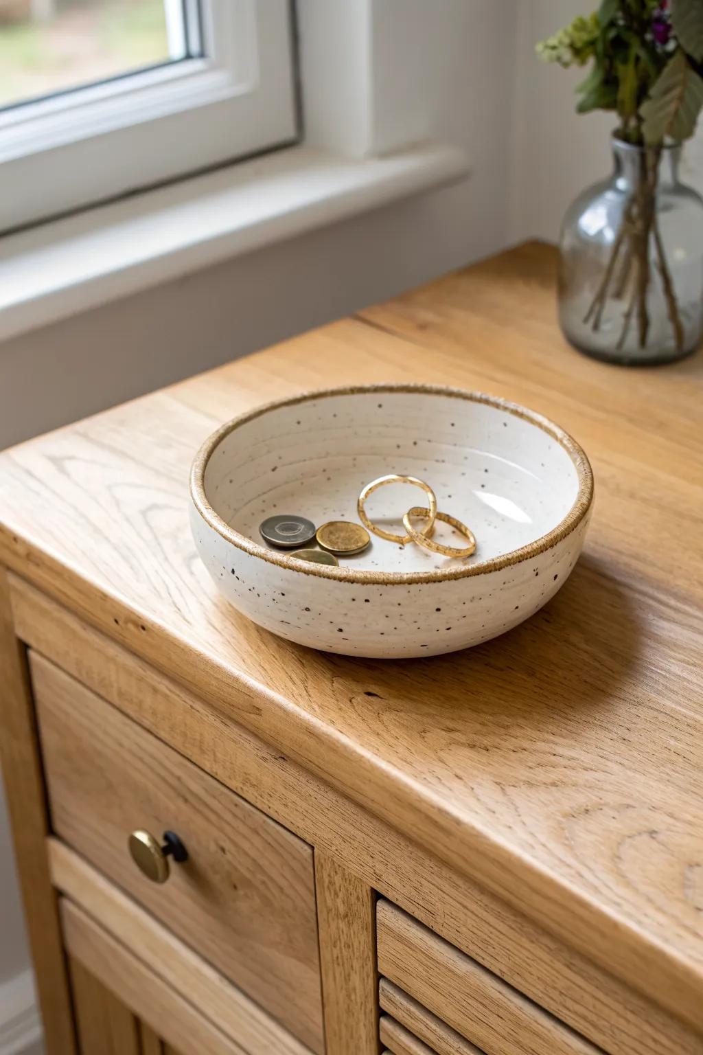 A simple catchall bowl keeps tiny essentials tidy—and makes your dresser look intentional.