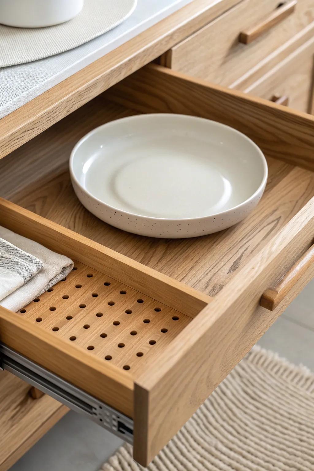 Adjustable pegged dish drawer: elegant plate storage that prevents chips and saves space.