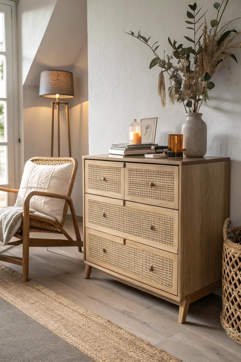 Turn a quiet corner into a reading nook—use a pretty dresser to hide all the cozy extras.