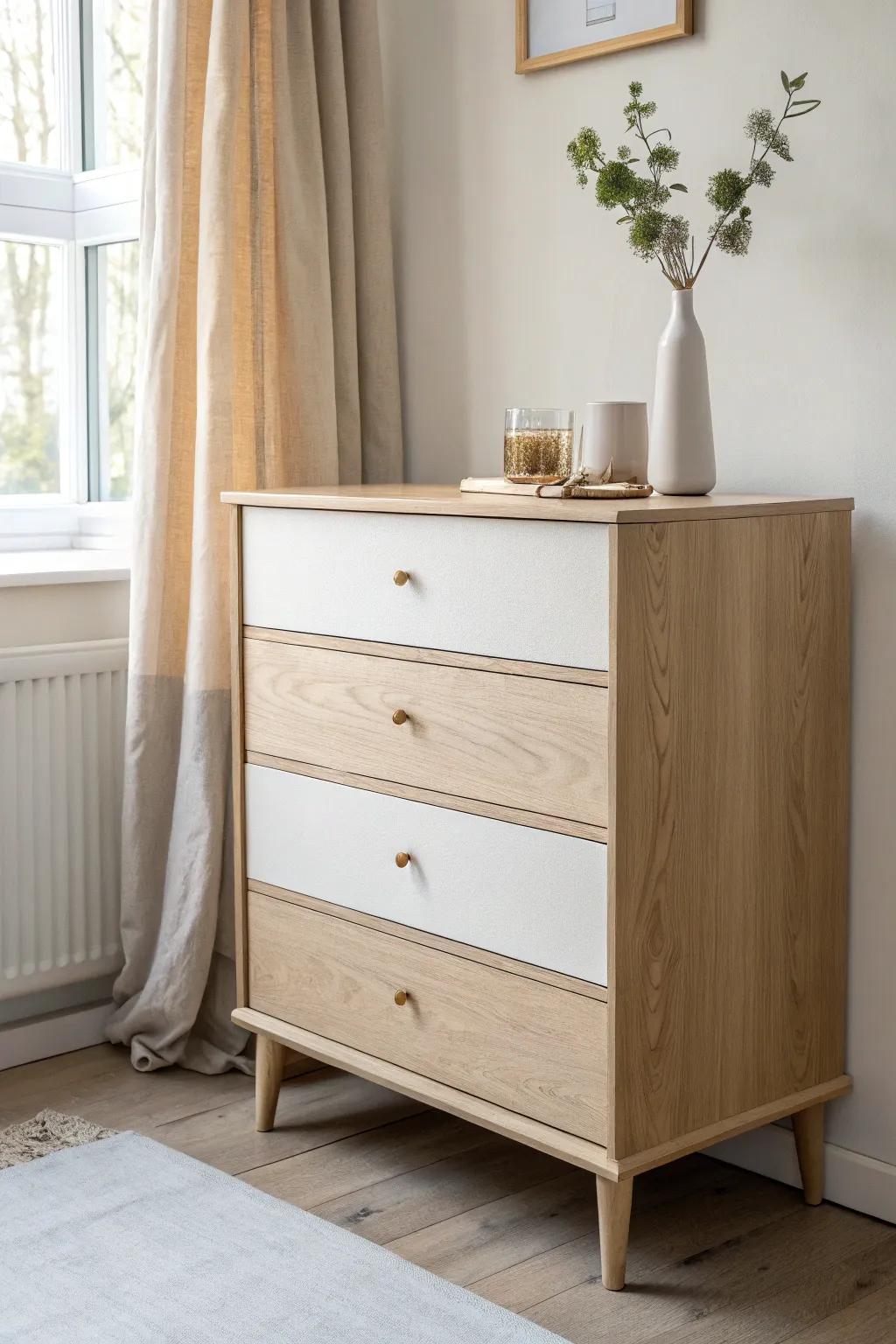 Two-tone dresser magic: natural wood top + painted body for a lighter, custom look.