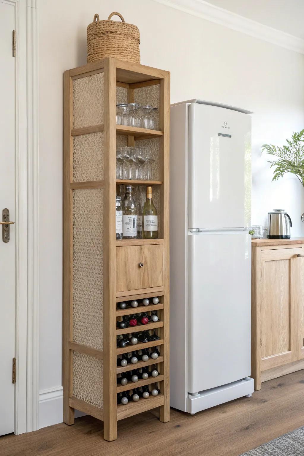 Turn an awkward corner into a chic vertical drink tower—slim, handcrafted, and space-smart.