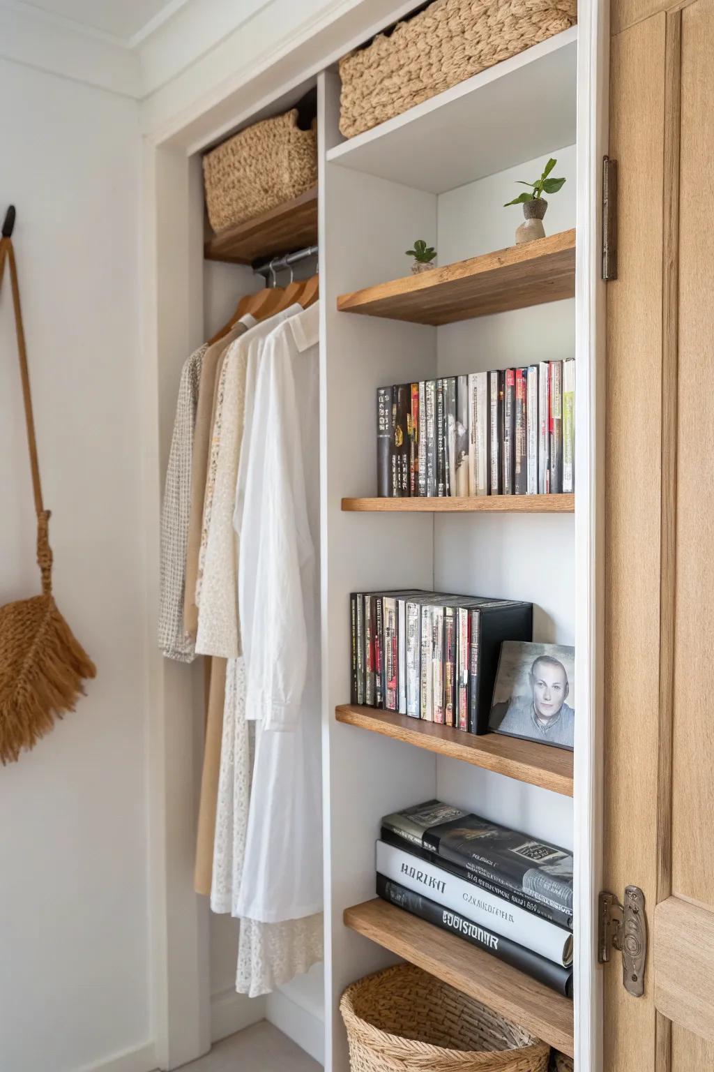 Use the closet side wall for slim DVD shelves—hidden storage that still feels curated.