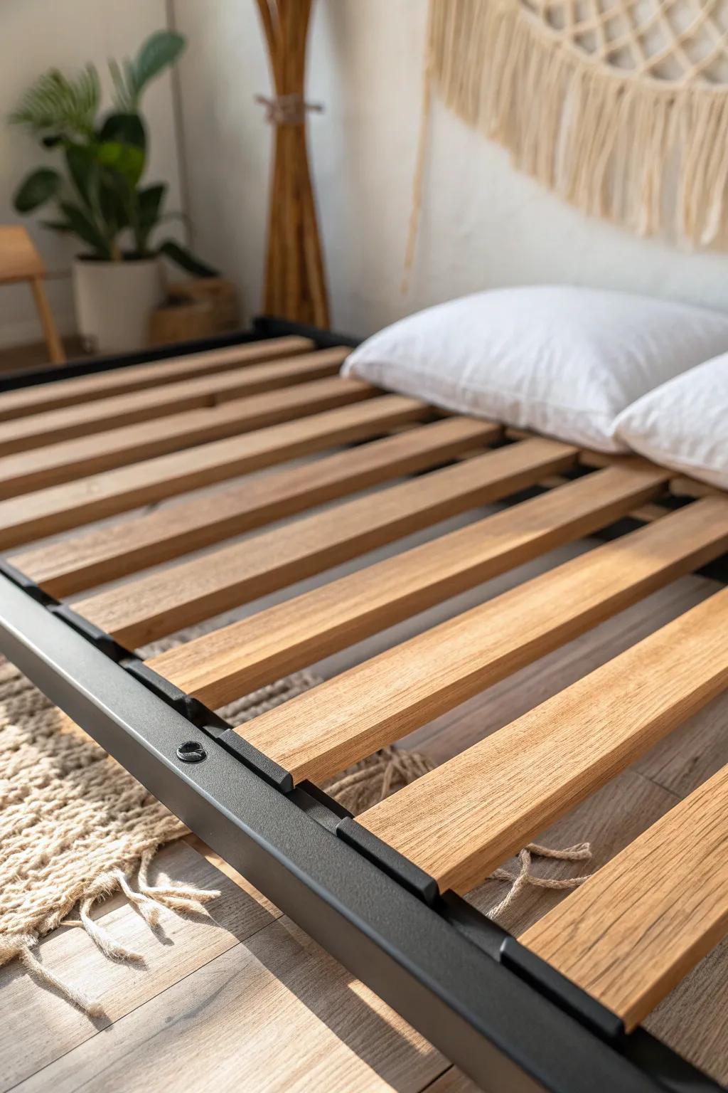 Spaced wood slats on an E‑track frame keep your mattress dry with breathable airflow.