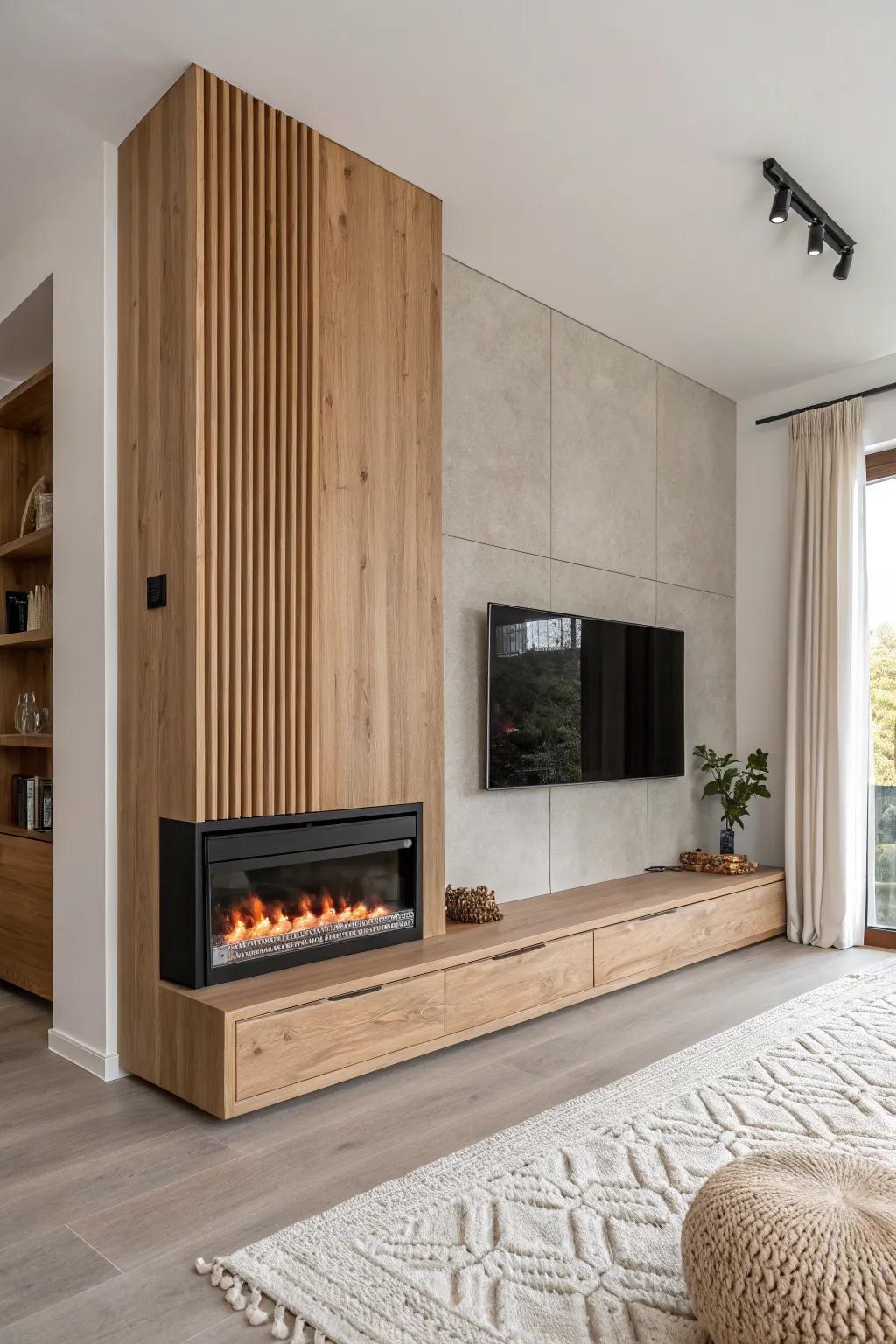 A wall-mounted electric fireplace on vertical wood slats to visually lift a low ceiling.