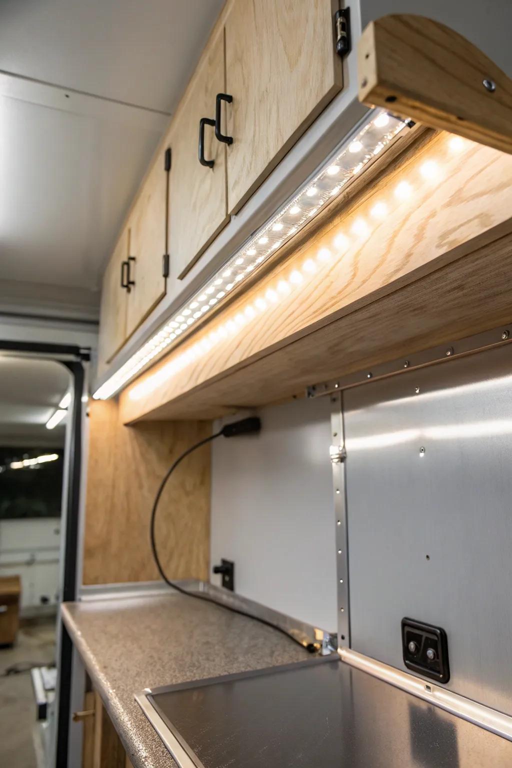 Warm under-cabinet task lighting instantly makes an enclosed trailer workbench safer and pro.