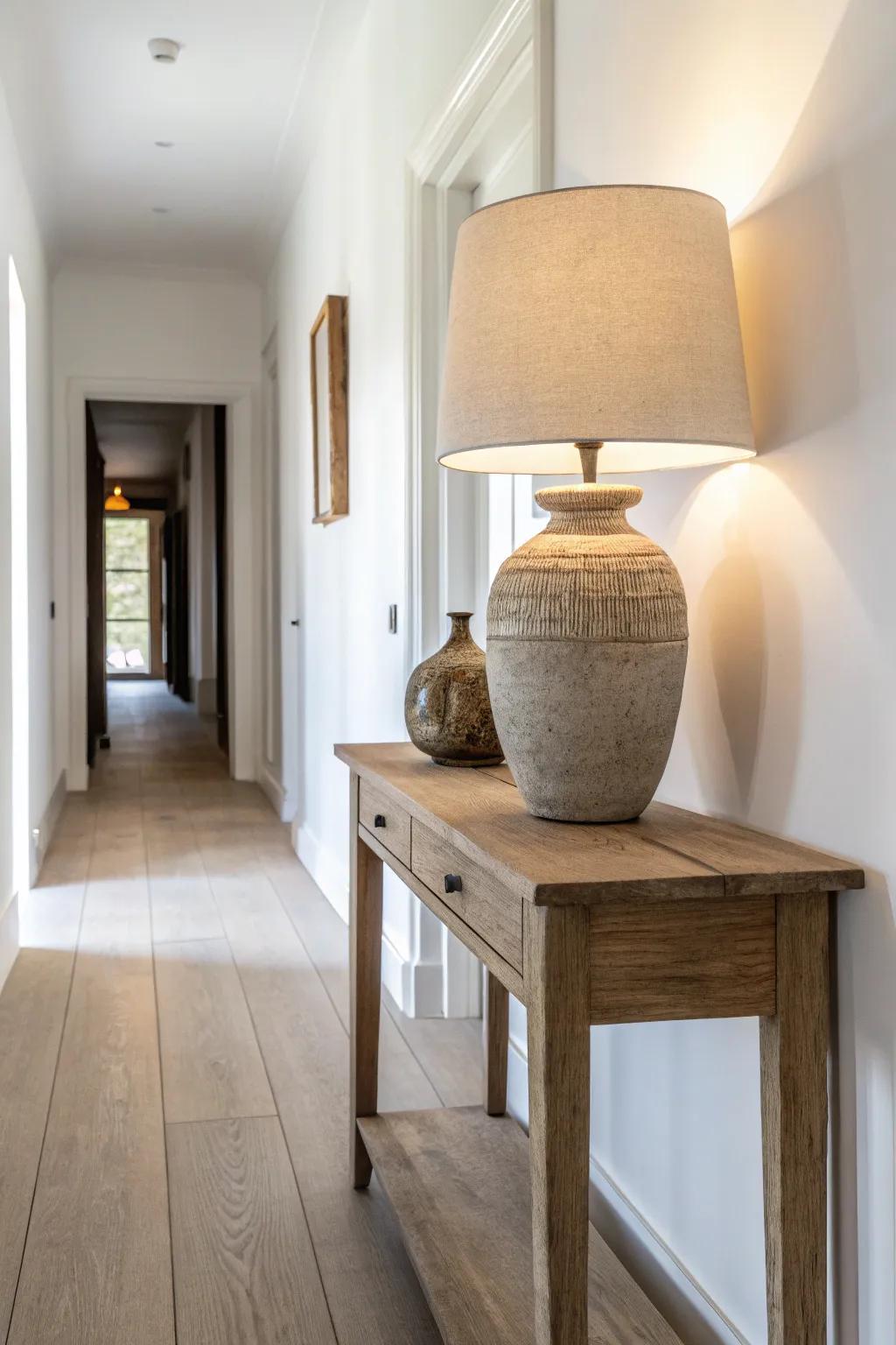 A warm table lamp at the hallway’s end creates a calm, cozy vignette for nights.
