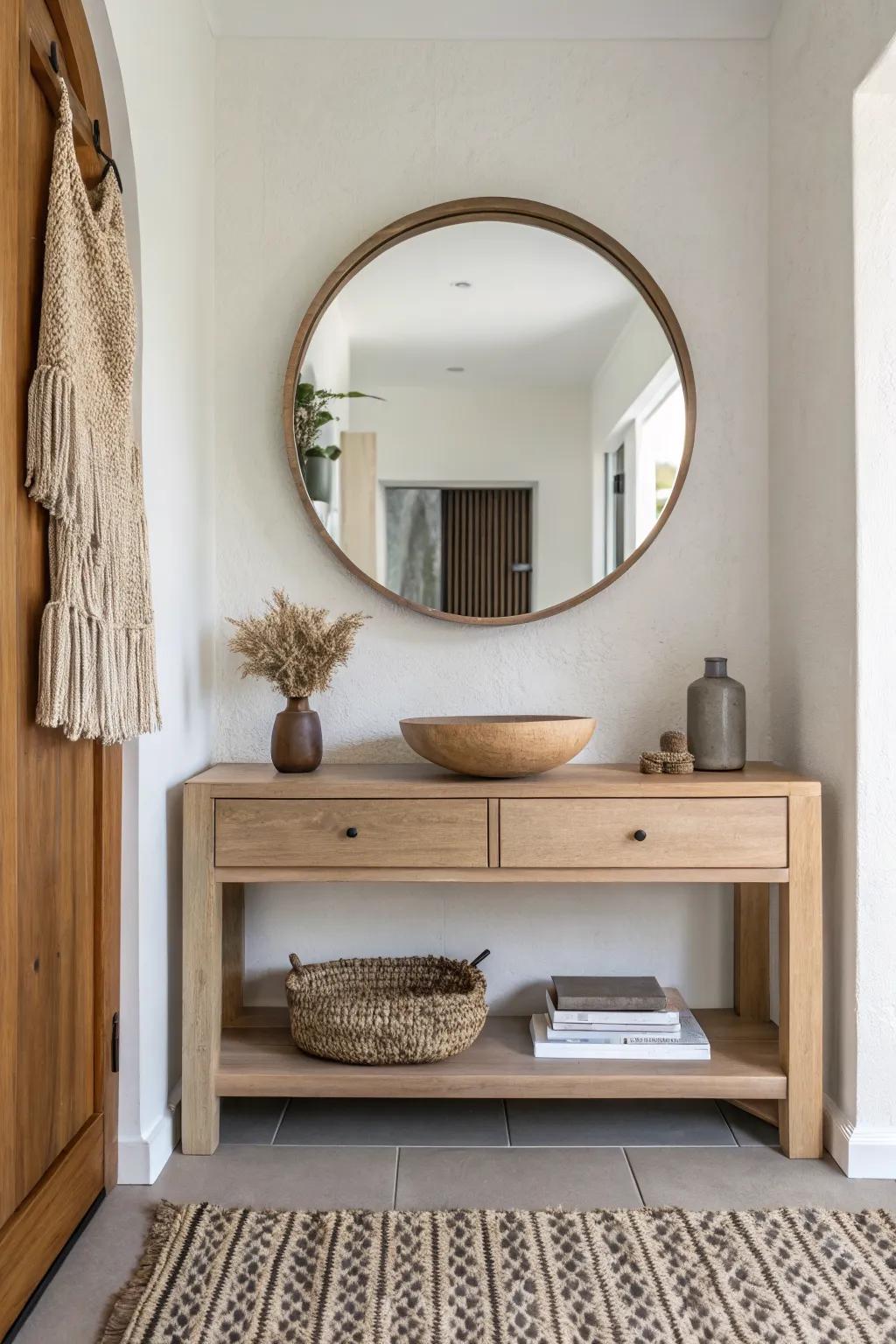 A round oak mirror above a floating shelf creates a chic, clutter-free end-of-hall landing zone.