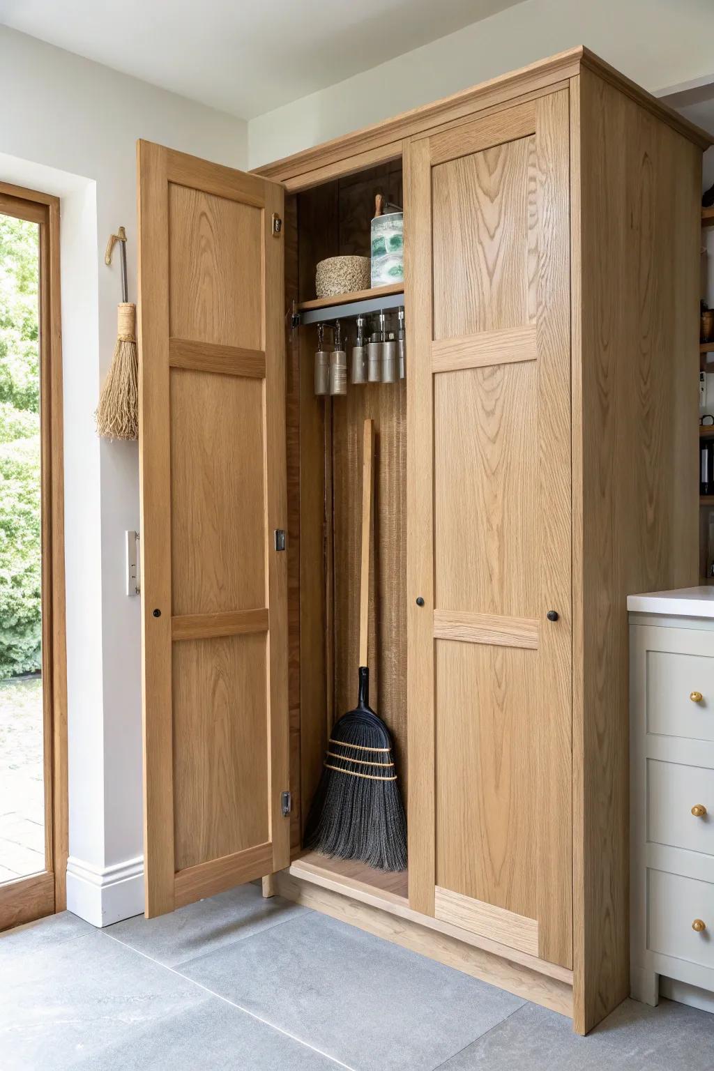 A sleek hidden broom closet at the cabinet end—minimal, seamless, and so satisfying.