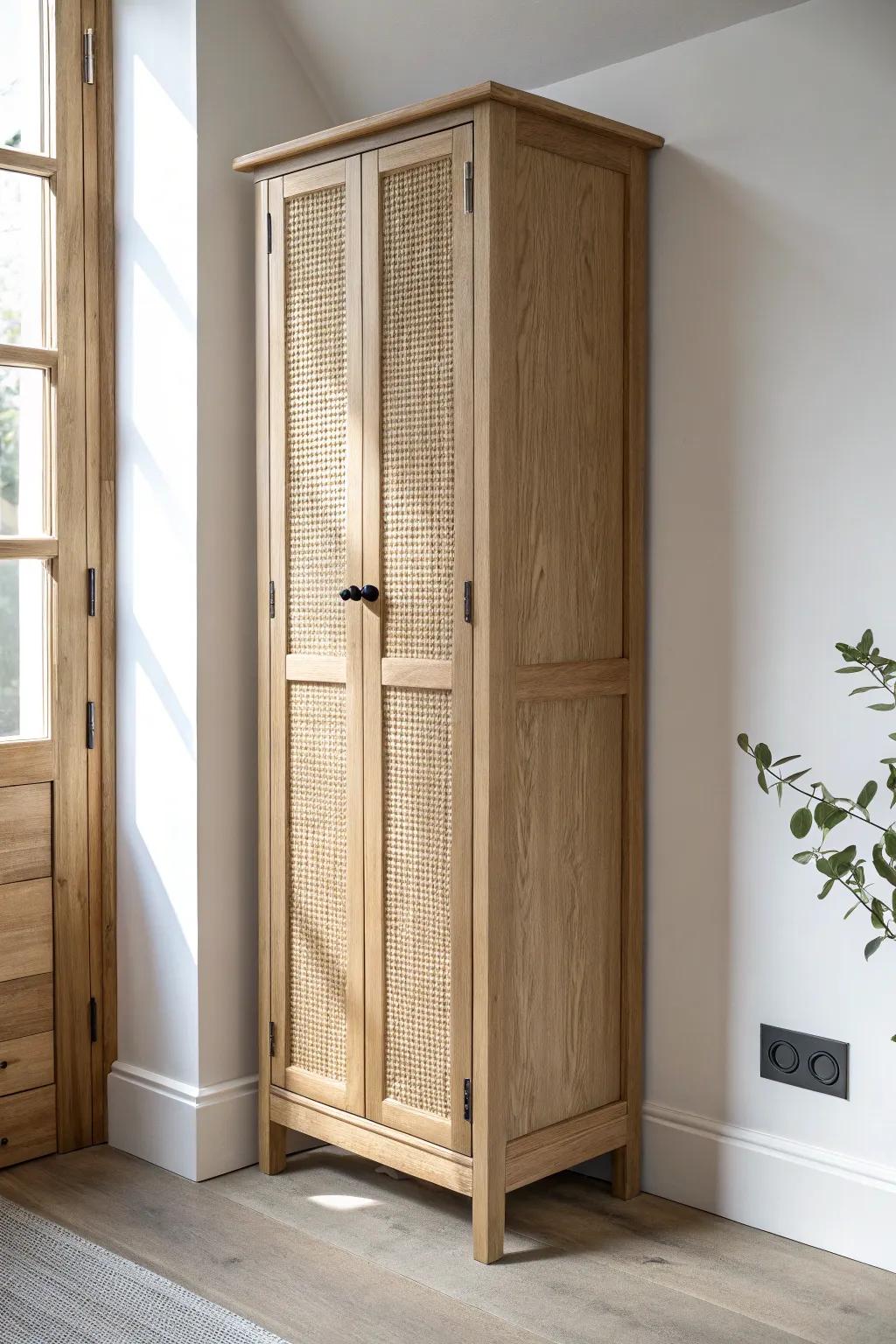 Go vertical: a slim tall cabinet keeps a tiny vestibule serene by hiding boots and extra bags.