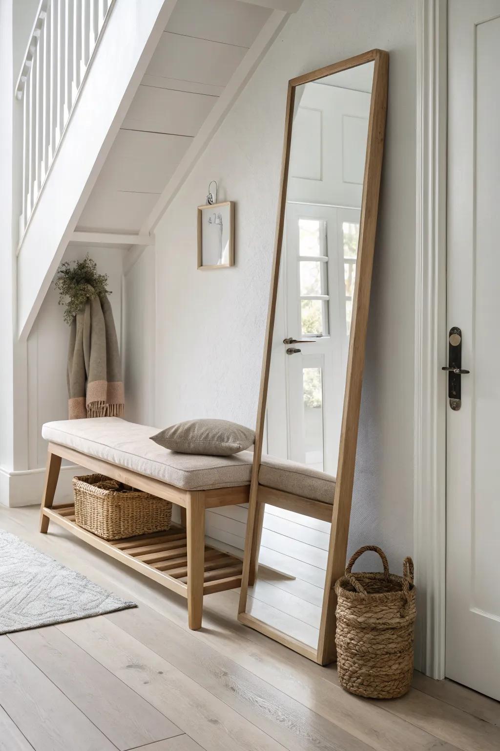 Airy entryway: a tall frameless mirror and slim oak bench make small spaces feel bigger.