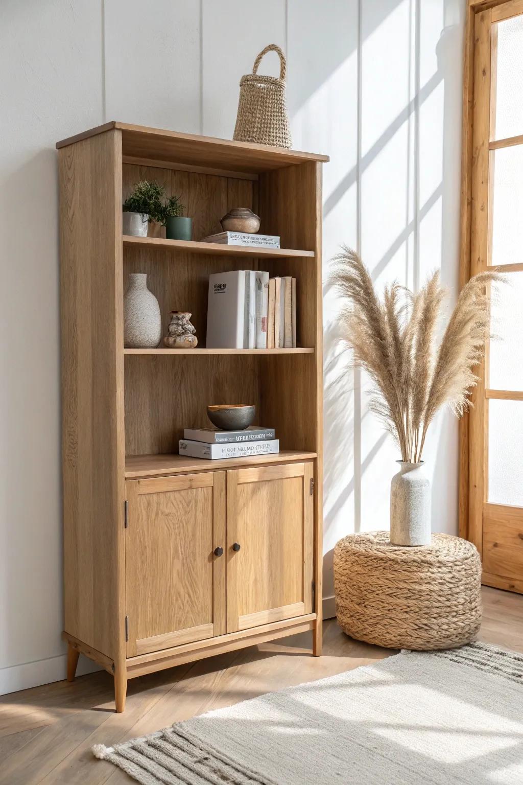 Closed below for clutter, open above for decor—an entryway bookshelf that always looks styled.