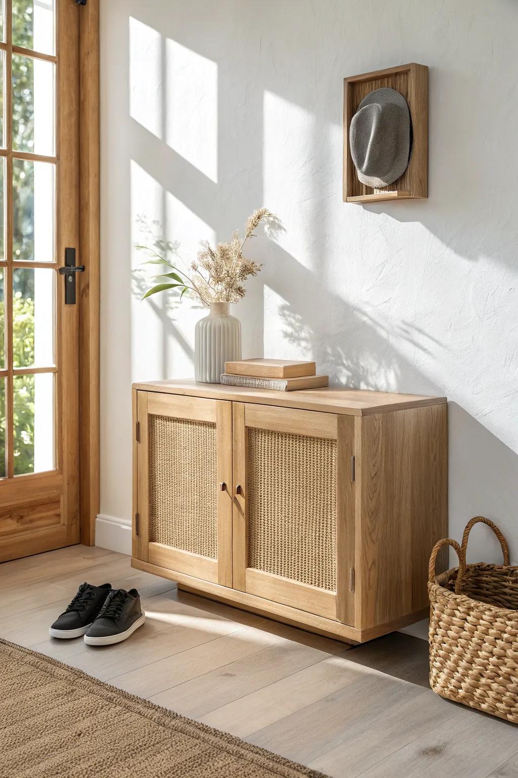 A floating entryway cabinet that adds hidden storage while keeping the floor light and airy.