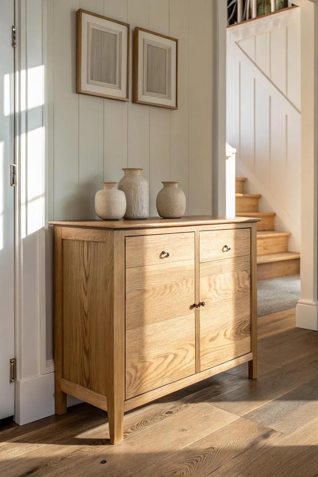 A calm, symmetric entryway chest moment—minimal, warm oak, and perfectly balanced.