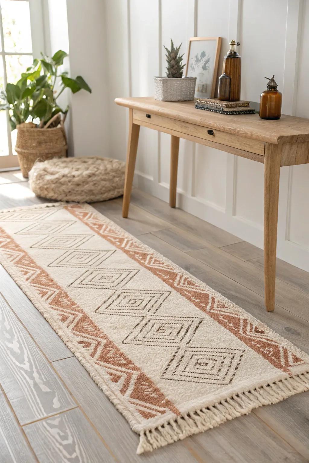 A soft patterned runner under the console adds warmth, hides dirt, and defines your entry zone.