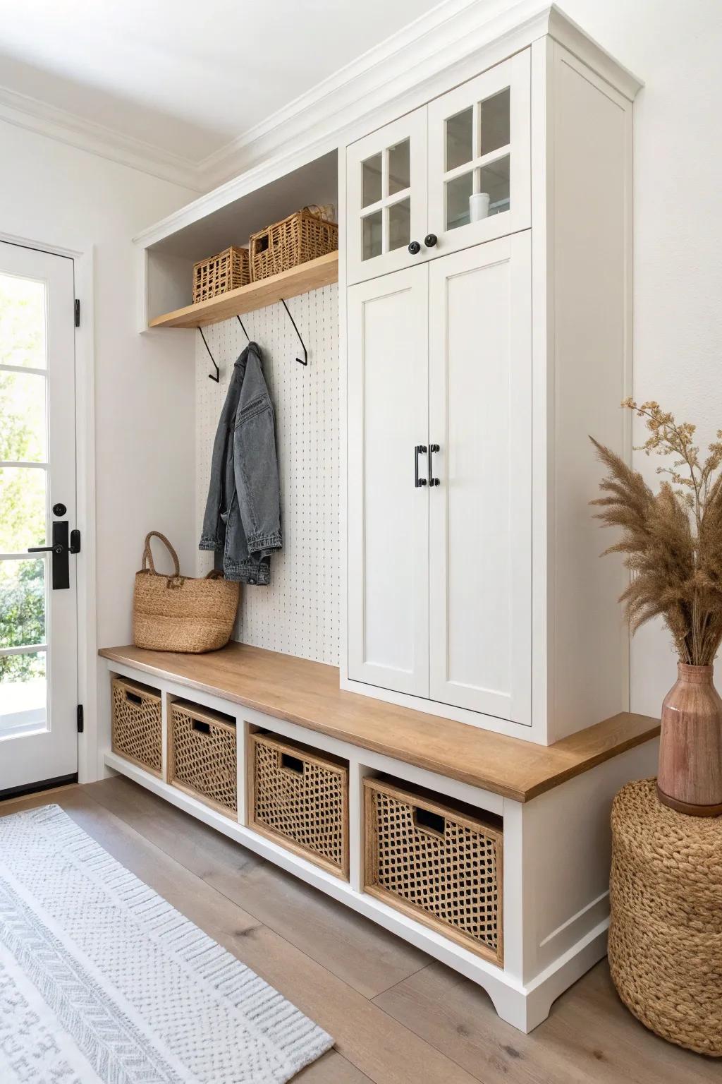 Small entryway win: one unit with open cubbies for daily gear + closed doors to hide clutter.