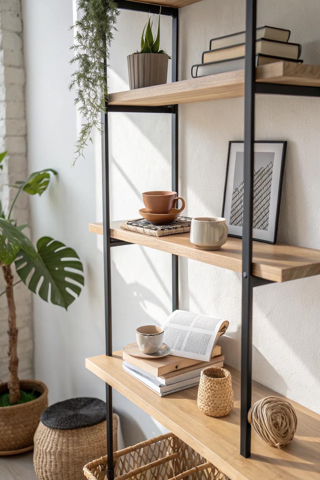 Vertical floating shelves keep an entryway desk airy—stylish storage without the clutter.
