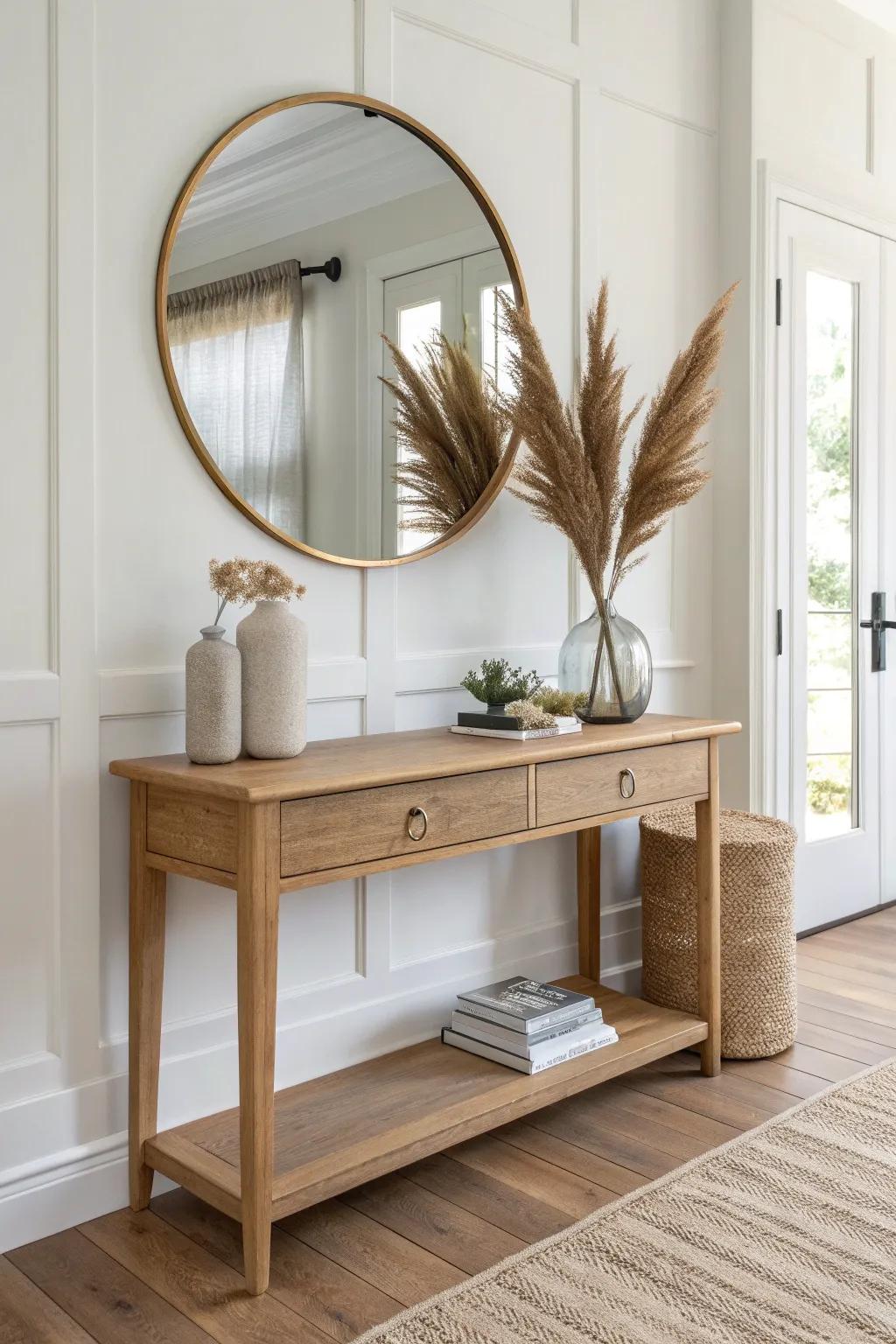 Floating oak entryway table + round mirror for tiny hallways—airy, chic, and practical.