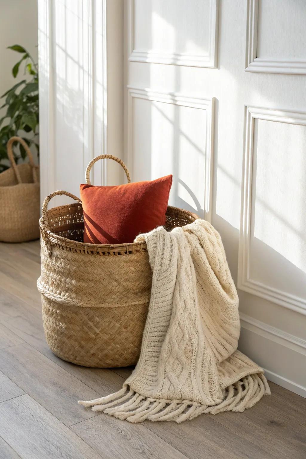 A woven basket turns cozy fall “stuff” into chic, small-space storage with texture.