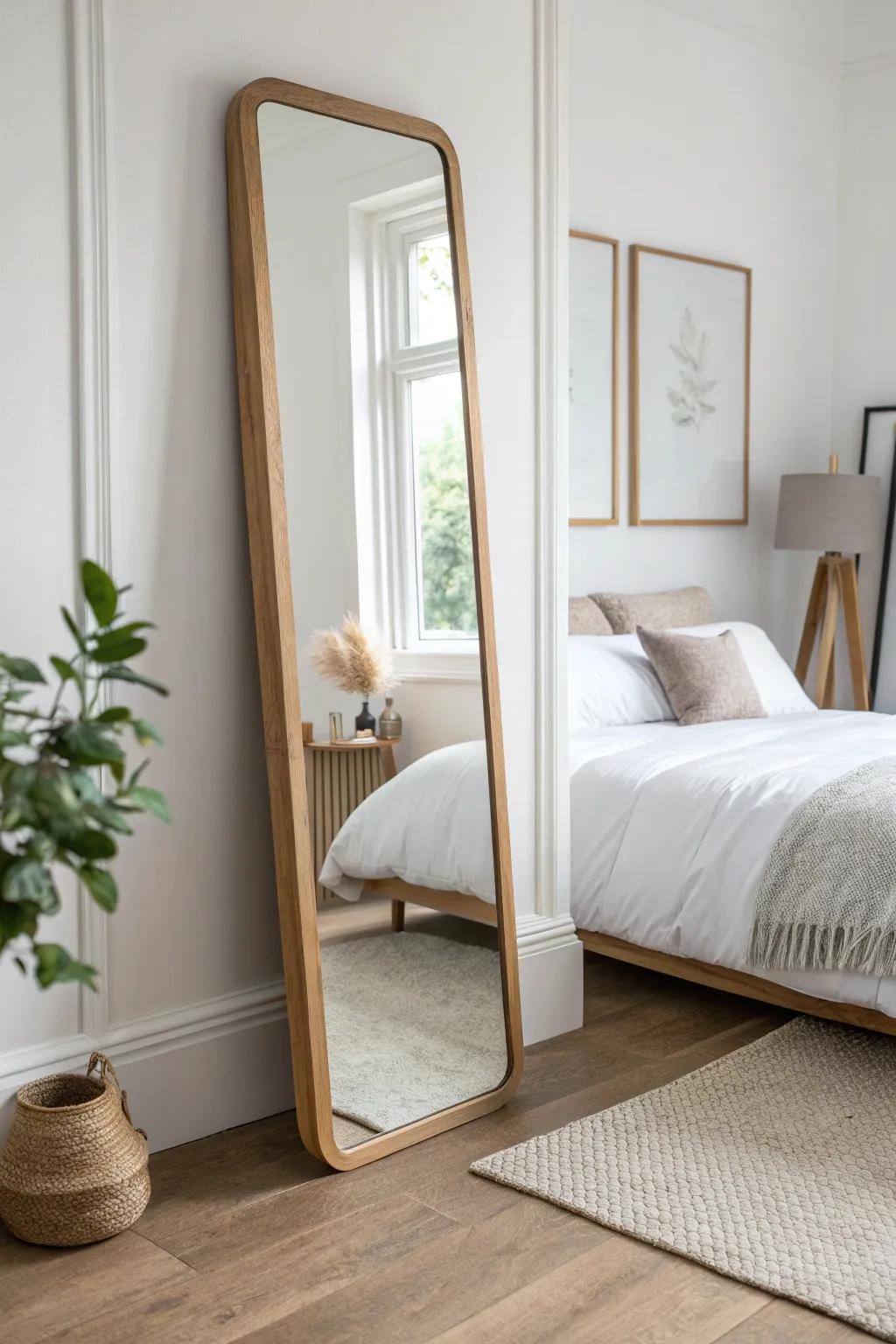 A tall oak mirror amplifies the under-bed glow, making your floating bed look twice as airy.