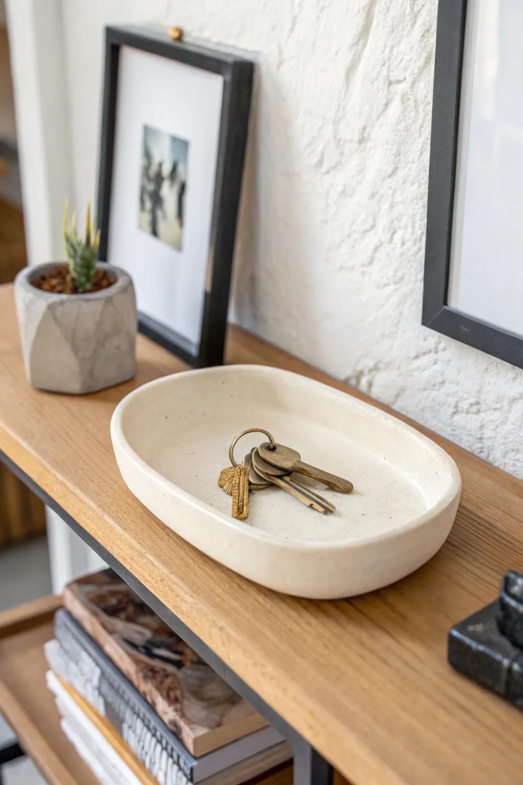 A tiny entryway drop zone: one handmade tray on a floating shelf keeps keys beautifully tidy.
