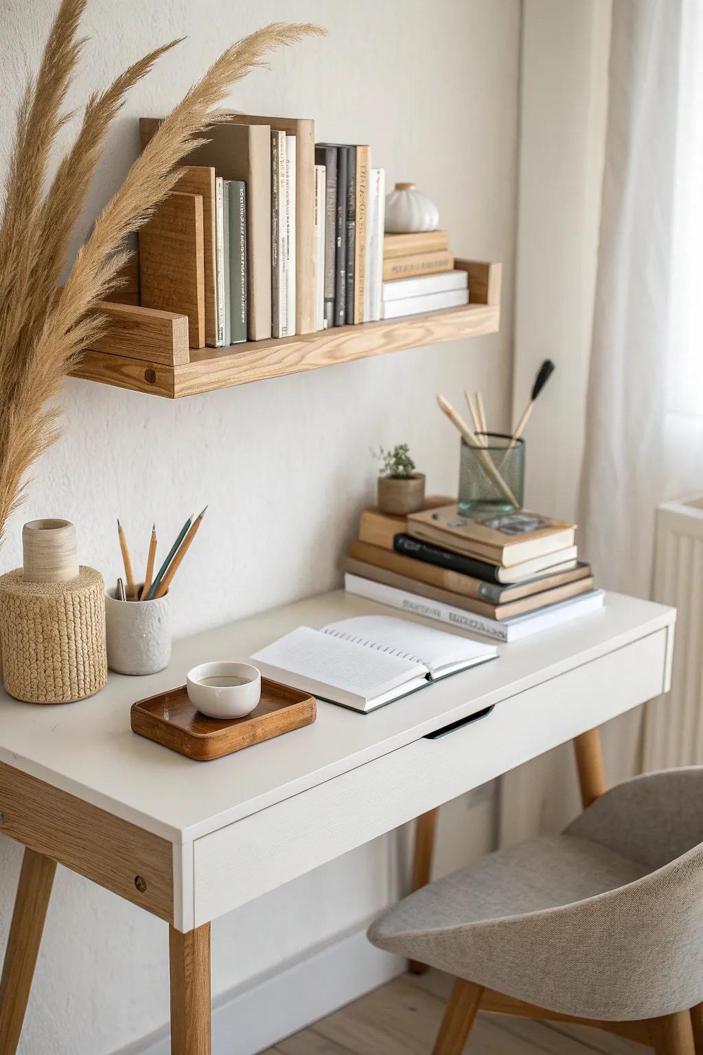 Book stacks as chic risers—add height and calm to floating shelves above your desk.