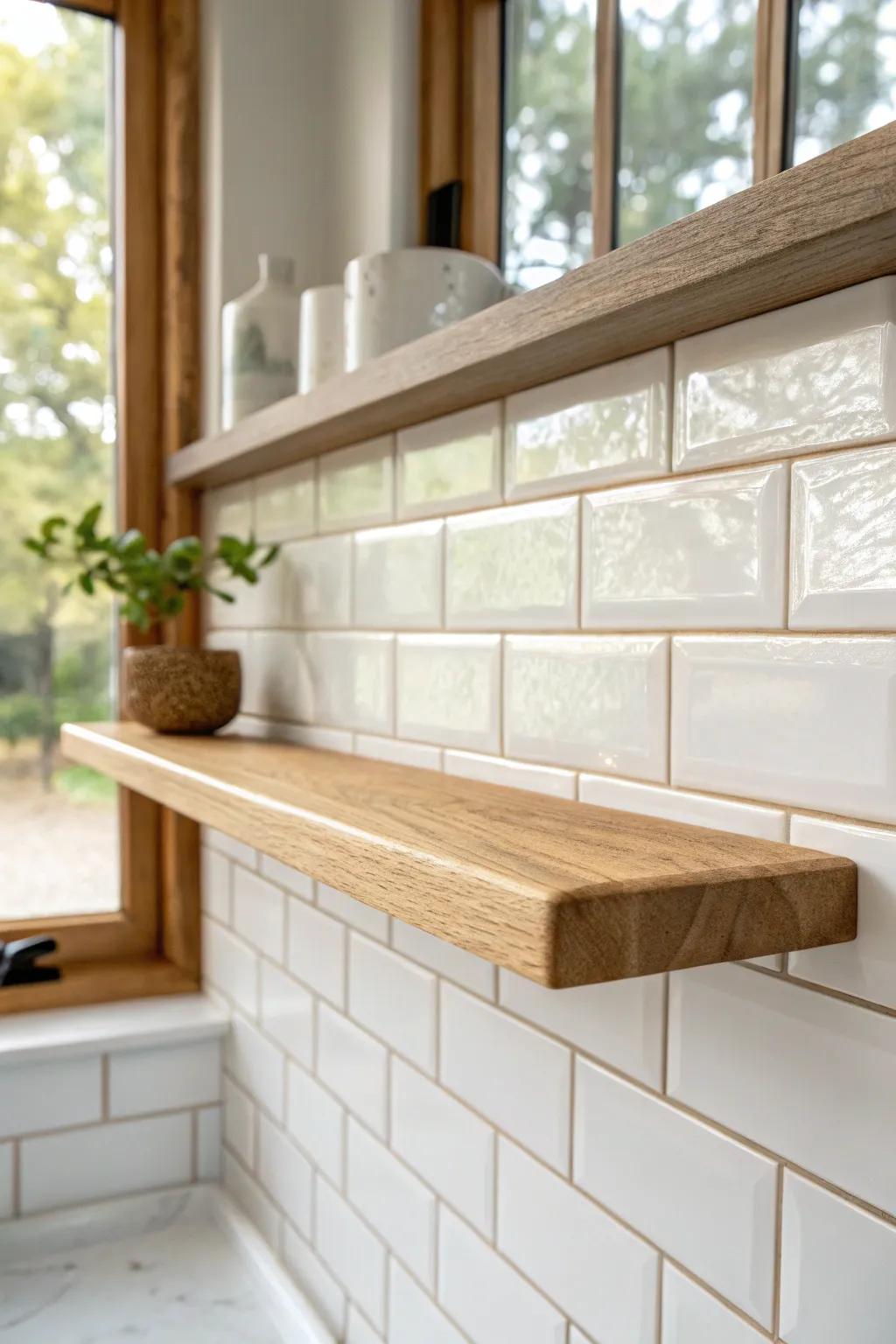 Tile behind a floating shelf bar strip looks custom instantly—and wipes clean after cocktail splashes.