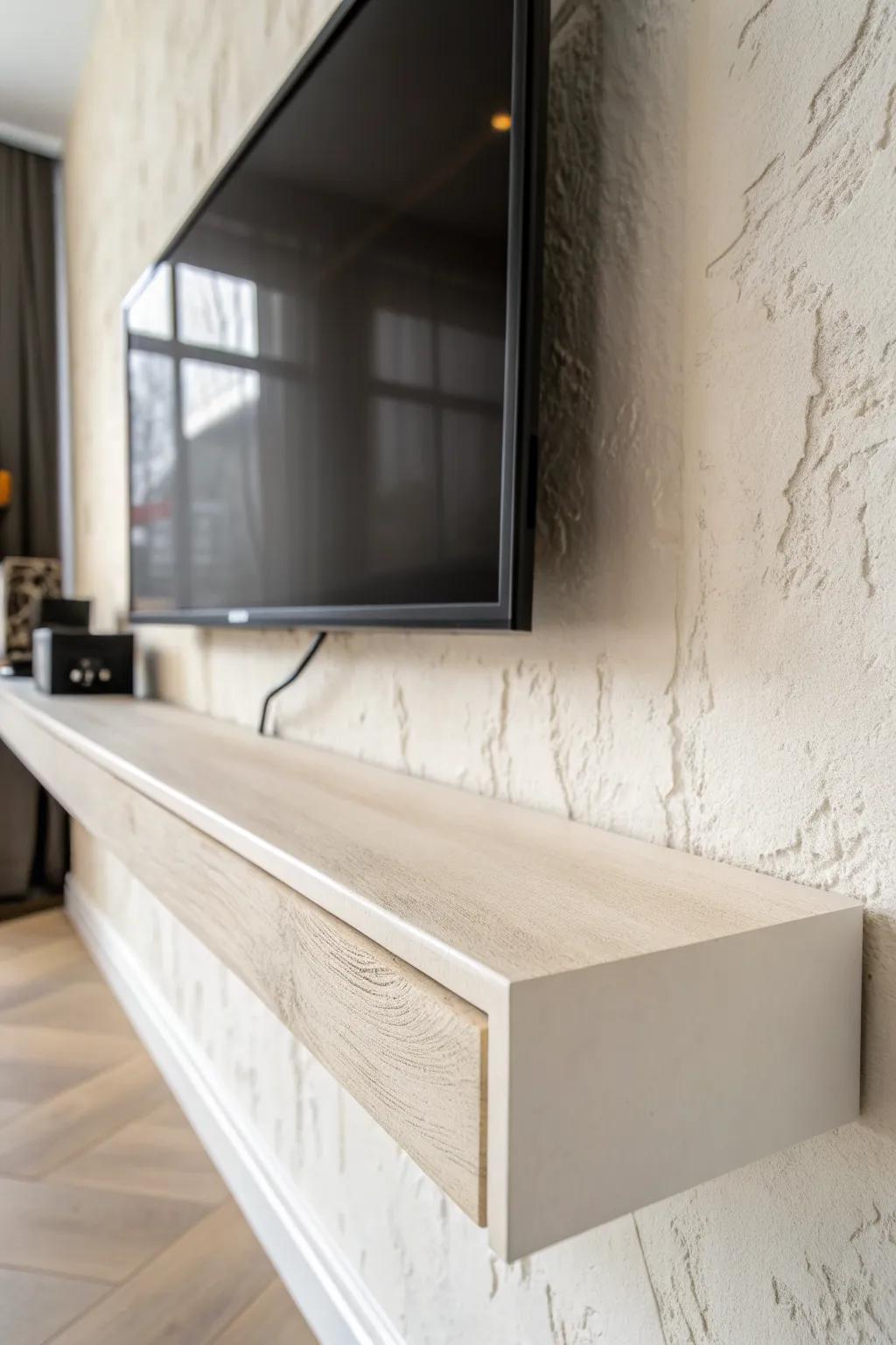 Tone-on-tone floating shelves make the TV wall feel calm, seamless, and beautifully space-smart.