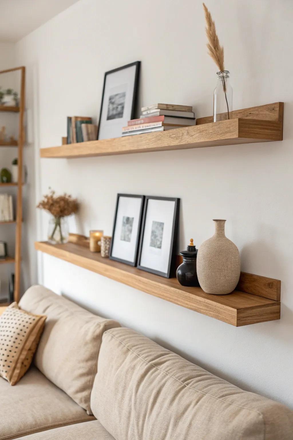 Renter-friendly gallery ledge above the sofa—swap frames anytime without adding new holes.