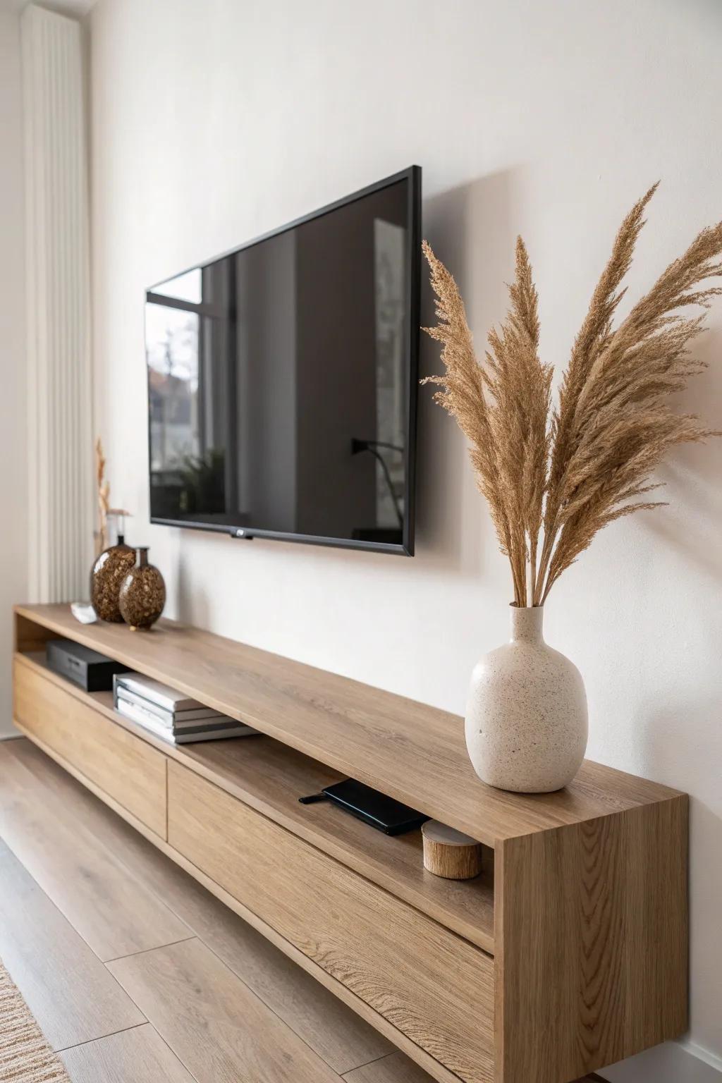 Match slim floating shelves around the TV for a framed, airy look—style without floor clutter.