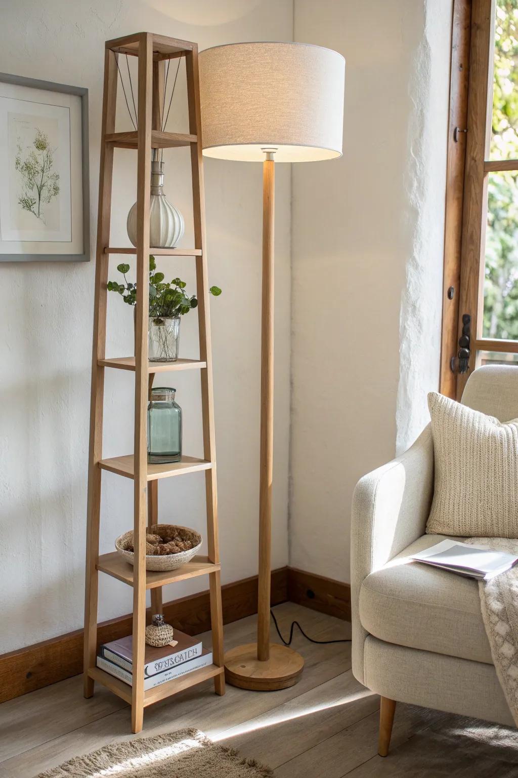 Small-space win: a shelf floor lamp that adds light, a spot for your book, and extra storage.