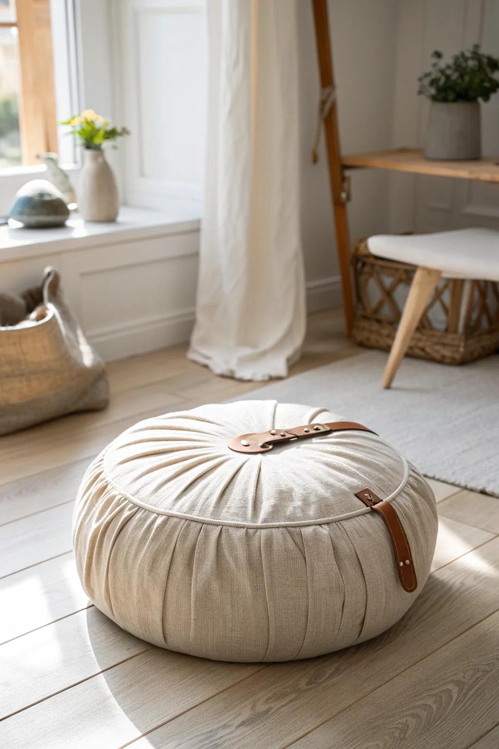 A serene meditation corner: one supportive floor cushion for calm, minimalist small-space living.