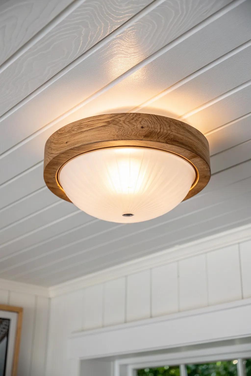 A frosted diffuser flush mount softens harsh bulbs—perfect for a tiny entry and mirrors.