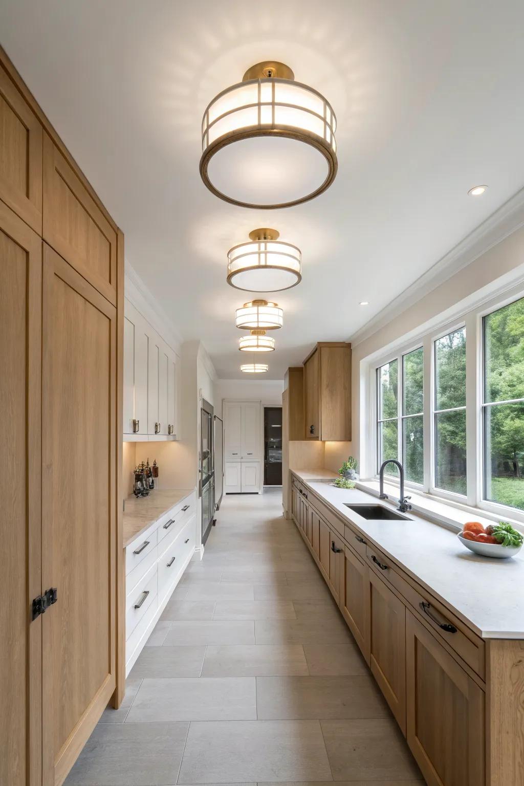 Three flush mounts in a row bring tailored ambient light to a long, narrow small kitchen.