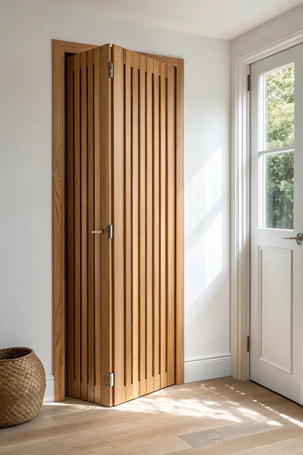 Vertical wood slat folding doors add warm texture and turn a plain closet into a statement.