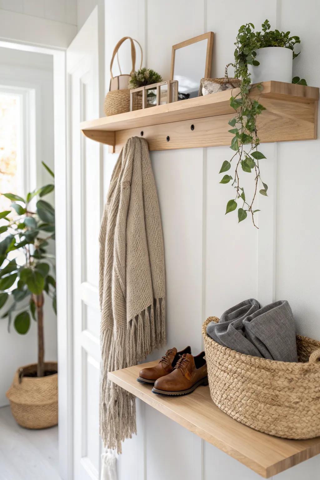 A high oak shelf keeps seasonal scarves and mittens out of sight—swap items month by month.