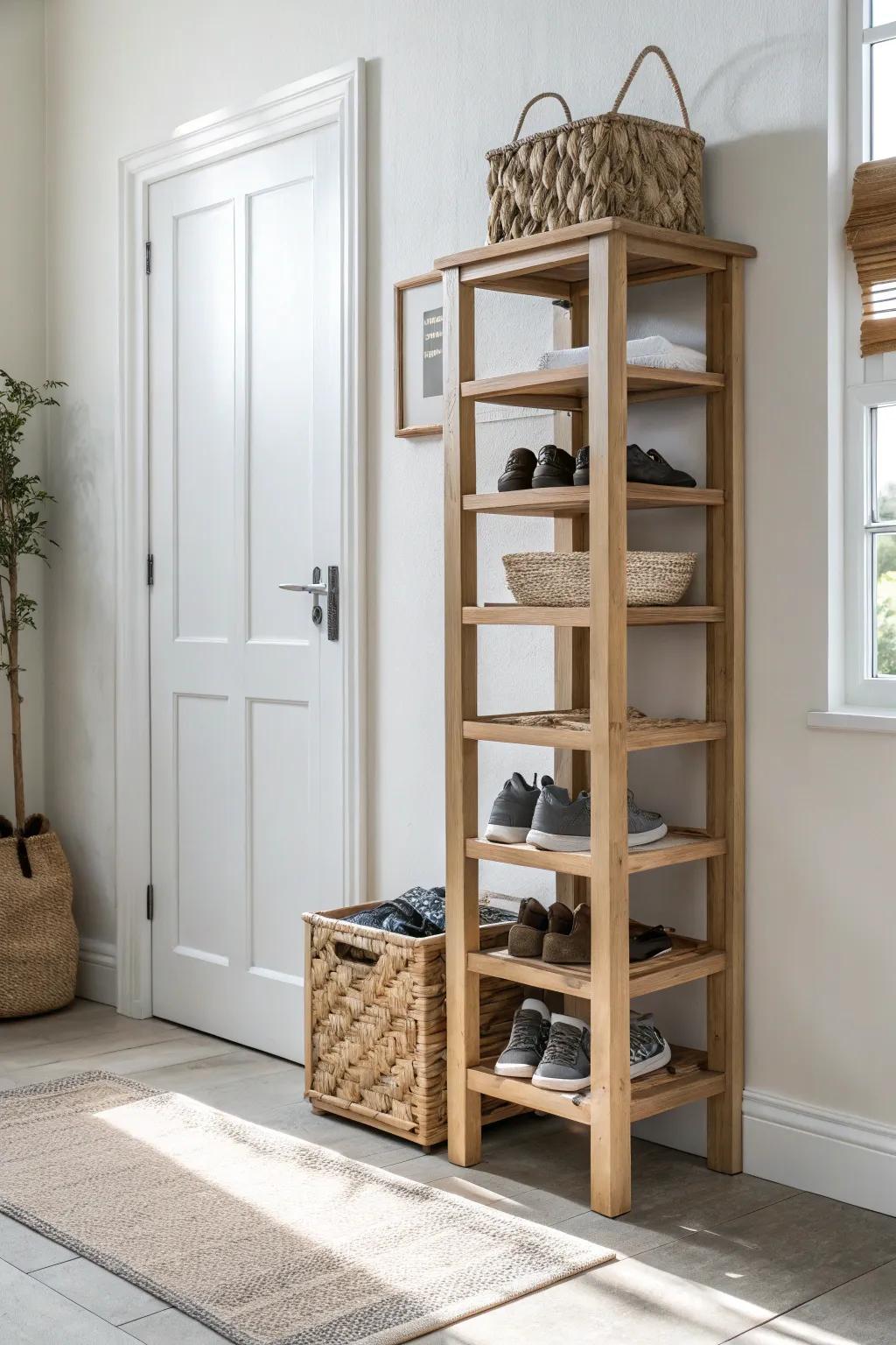 Slim vertical shoe tower turns that entry corner into tidy storage—minimal, warm, chic.