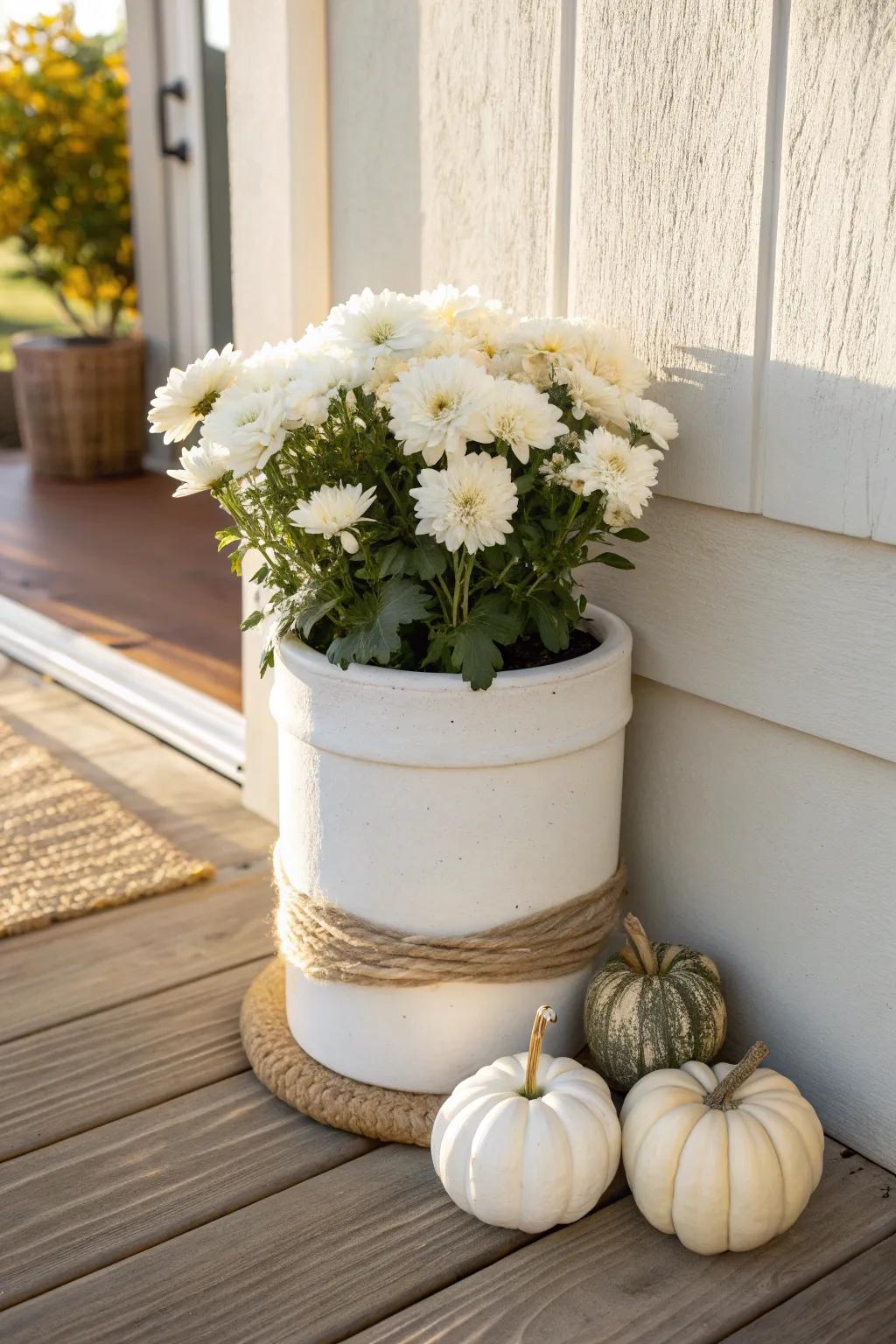 Creamy mums + white pumpkins for a calm, modern fall porch that feels luxe in small spaces.