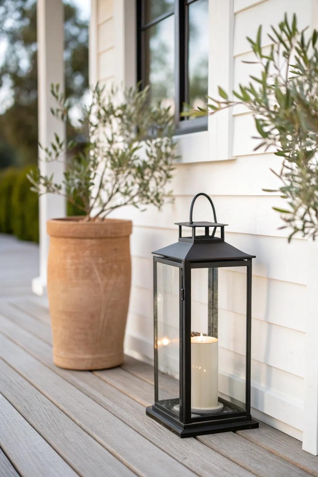 A sculptural lantern beside a tall planter adds instant height contrast for a tiny front porch.