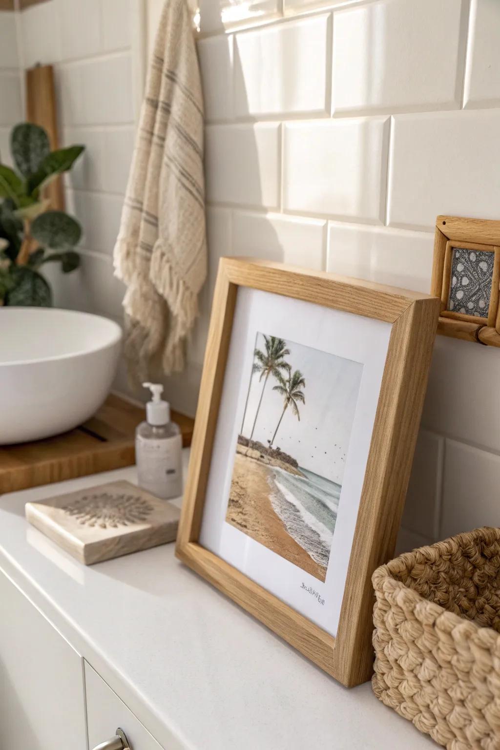 Create a mini gallery wall: one slim shelf and a bathroom-safe frame for instant charm.