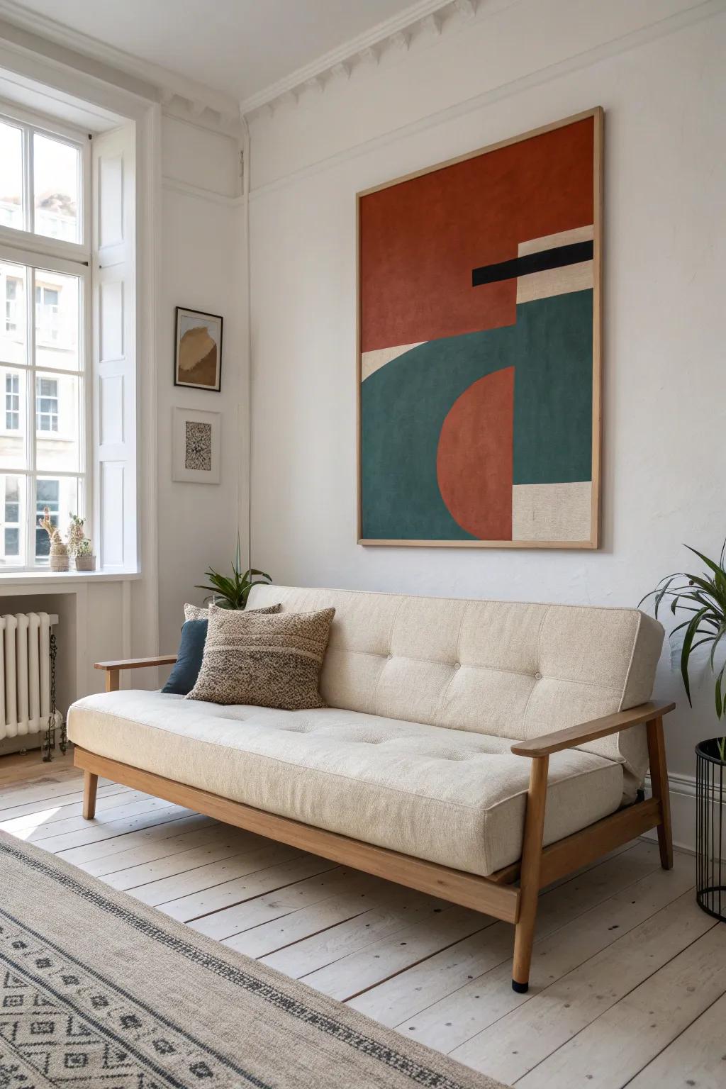 Keep the futon neutral—swap bold art for an instant living room refresh in small spaces.