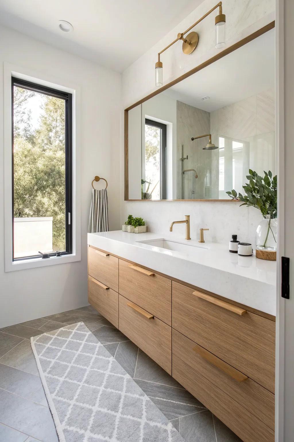 Float the vanity to reveal more floor—an instant visual widen-the-aisle trick for galley baths.