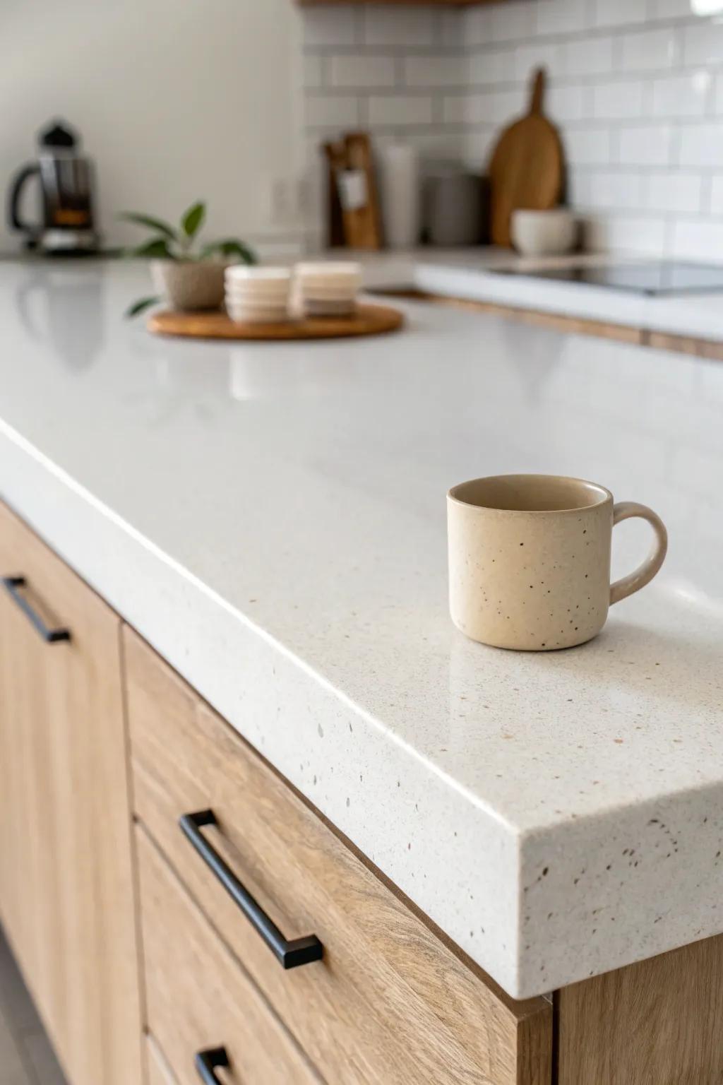 One seamless countertop makes a galley kitchen feel longer, calmer, and instantly more cohesive.