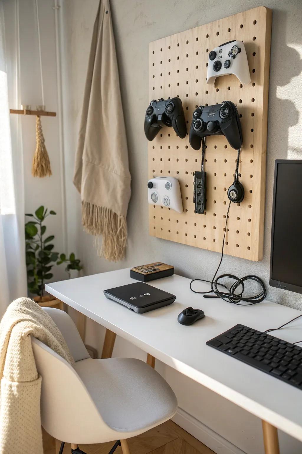 A chic pegboard wall keeps controllers, headsets, and chargers visible—never cluttered.