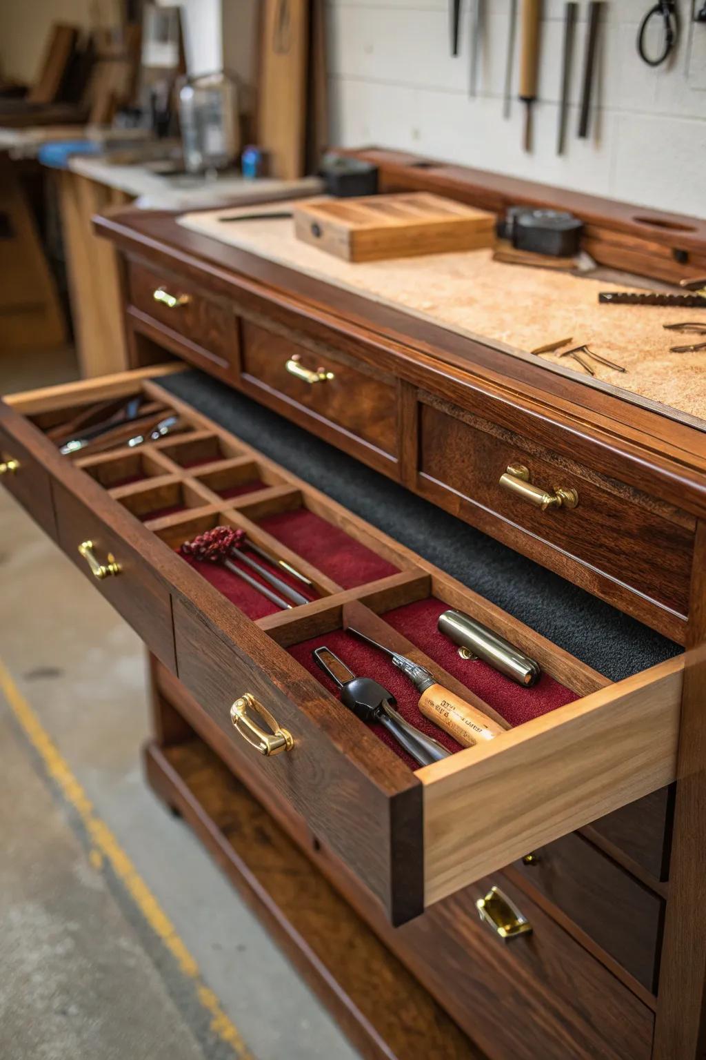 Maximize your workspace with these elegant under-bench storage drawers. A craftsman's dream in every detail.