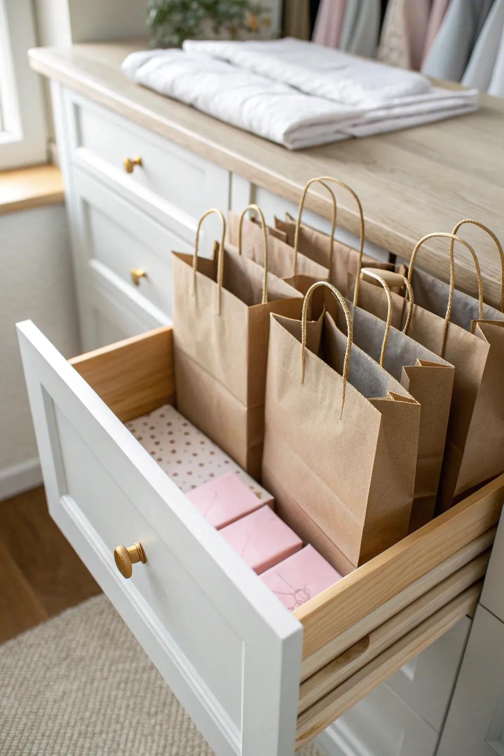 Turn a deep drawer into a luxe file system—gift bags stand tall with simple dividers.