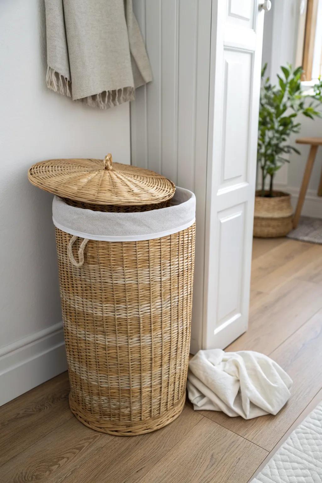Tuck a pretty woven hamper in the closet corner to stop stray piles and keep it effortless.