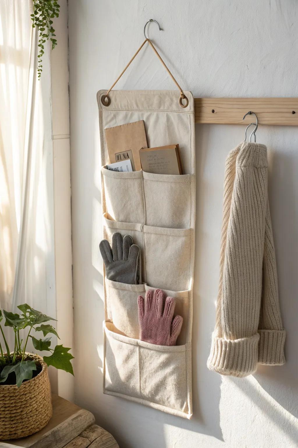 Cozy hanging fabric pockets keep gloves tidy—soft, minimal, and perfect for small spaces.