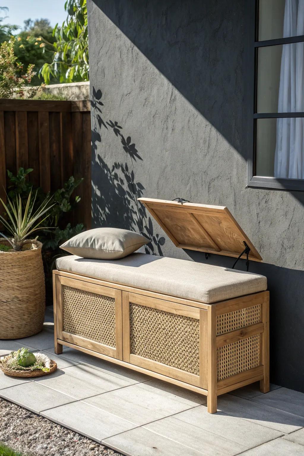 A chic storage bench hides cushions and outdoor clutter—keeping your tiny patio effortlessly styled.