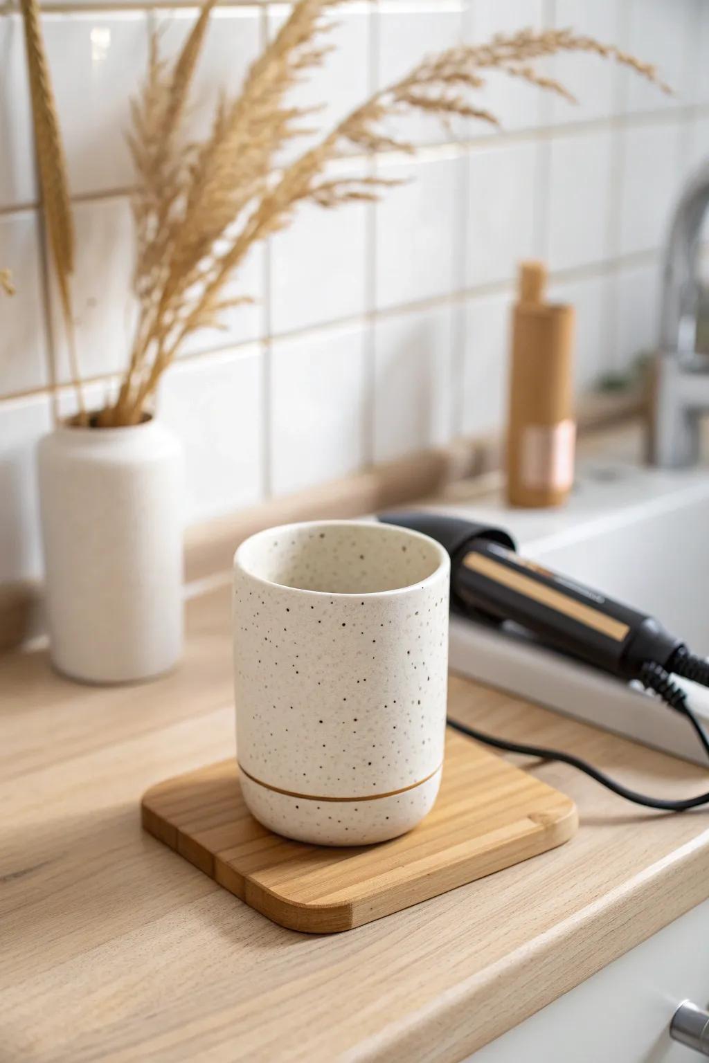 A chic heat-safe cup keeps hot tools parked safely—minimal, calm, and perfect for tiny baths.